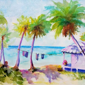 354x354 Original Watercolor Painting, Tropical Beach House Paradise, 12x16 - Tropical Beach Watercolor