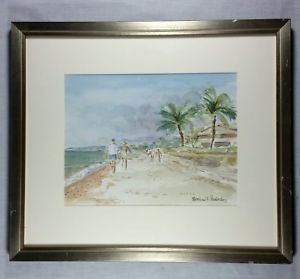 300x279 Peabody Signed Original Framed Watercolor Painting Seascape - Tropical Beach Watercolor