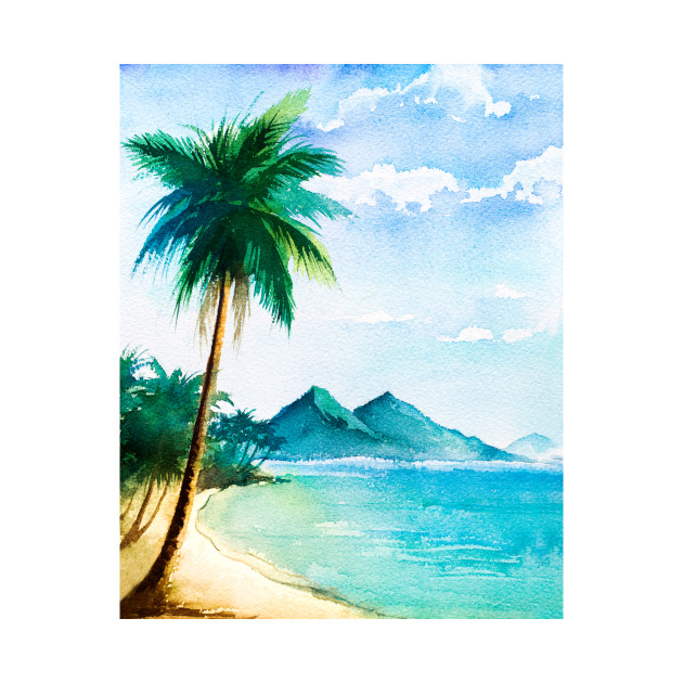 630x630 Watercolor Tropical Beach Scene With Palm Trees - Tropical Beach Watercolor