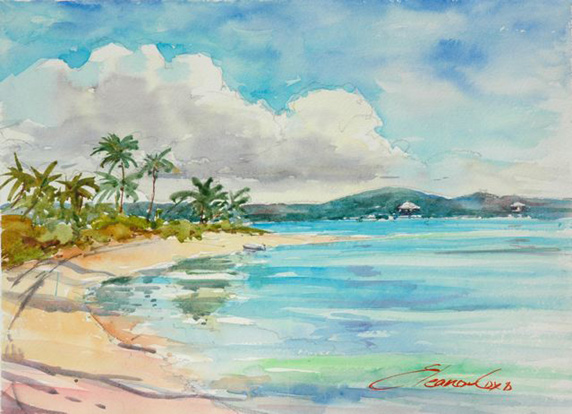 572x414 Eleanor Cox Tropical Coastal Landscapes - Tropical Beach Watercolor