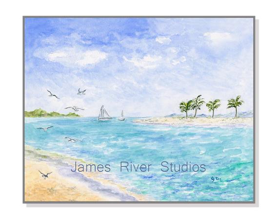 570x456 Beach Painting Beach Art Print. Tropical Beach Watercolor Etsy - Tropical Beach Watercolor