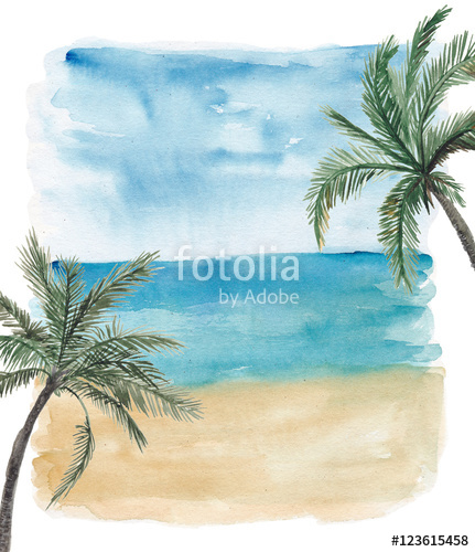 431x500 Hand Painted With Watercolor Palm And Tropical Beach Background - Tropical Beach Watercolor