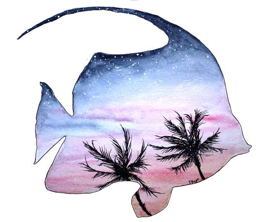 570x456 Tropical Fish Watercolor Fish Art Palm Tree Watercolor Palm Etsy - Tropical Fish Watercolor