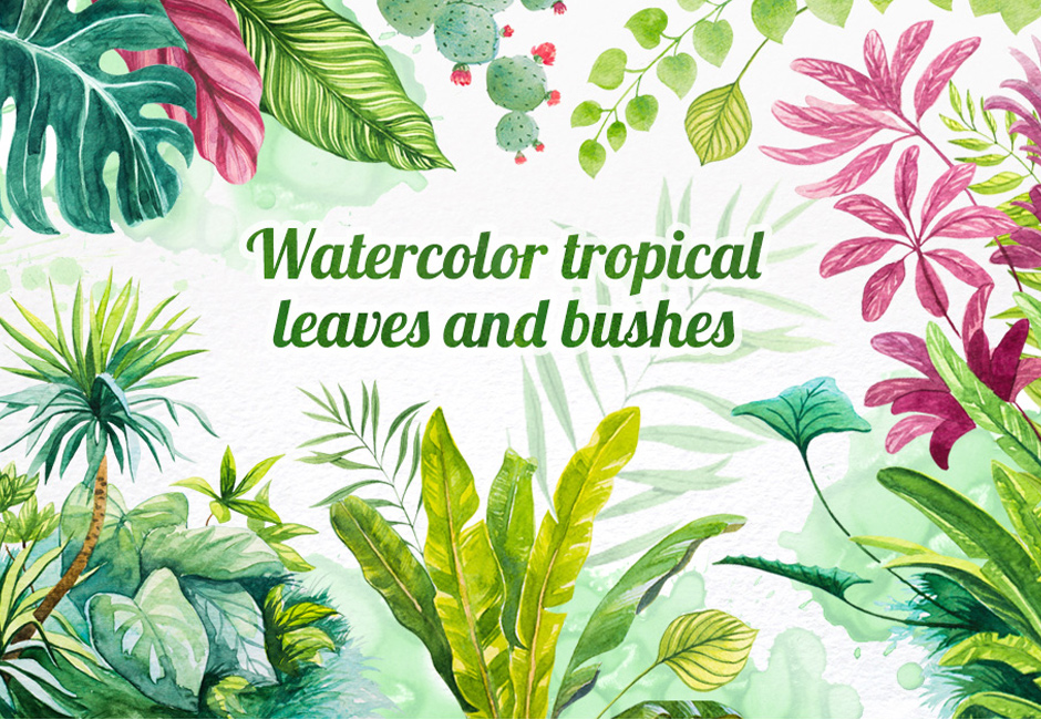 940x650 Watercolor Tropical Leaves Set Of 16 Plant Illustrations - Tropical Leaves Watercolor
