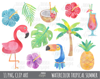 350x277 50% Sale Watercolor Tropical Summer Clipart, Flamingo Clipart - Tropical Watercolor