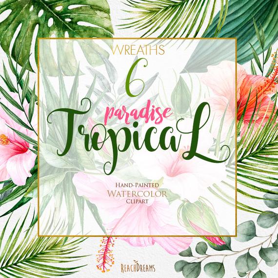 570x570 Tropical Watercolor Flowers Amp Leaves Tropic Wreaths Clipart Etsy - Tropical Watercolor Flowers