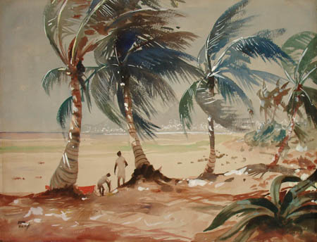 450x344 Landscape Art, Tropical Beach With Palms, John Pike, Vintage - Tropical Watercolor Paintings