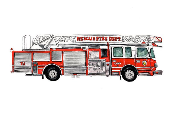 570x414 Modern Fire Truck Vehicle Watercolor Print 8x10 Etsy - Truck Watercolor