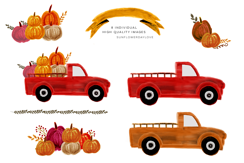 1000x667 Pumpkin Truck Watercolor Fall Clipart, Thanksgiving By Sunflower - Truck Watercolor