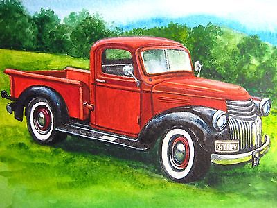 400x300 Watercolor Painting Old Red Car Vintage Retro Truck Art 5 X 7 - Truck Watercolor