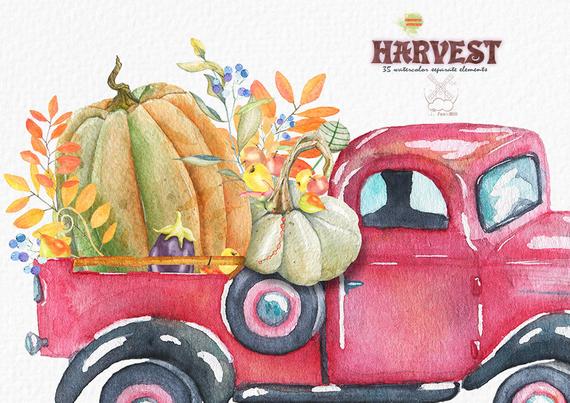 570x403 Autumn Harvest Watercolor Clipart Truck Watercolor Pumpkin Etsy - Truck Watercolor