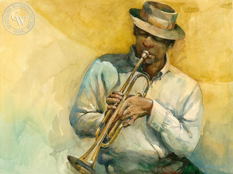 800x600 Trumpet Player 2, Art By Sid Bingham California Watercolor - Trumpet Watercolor
