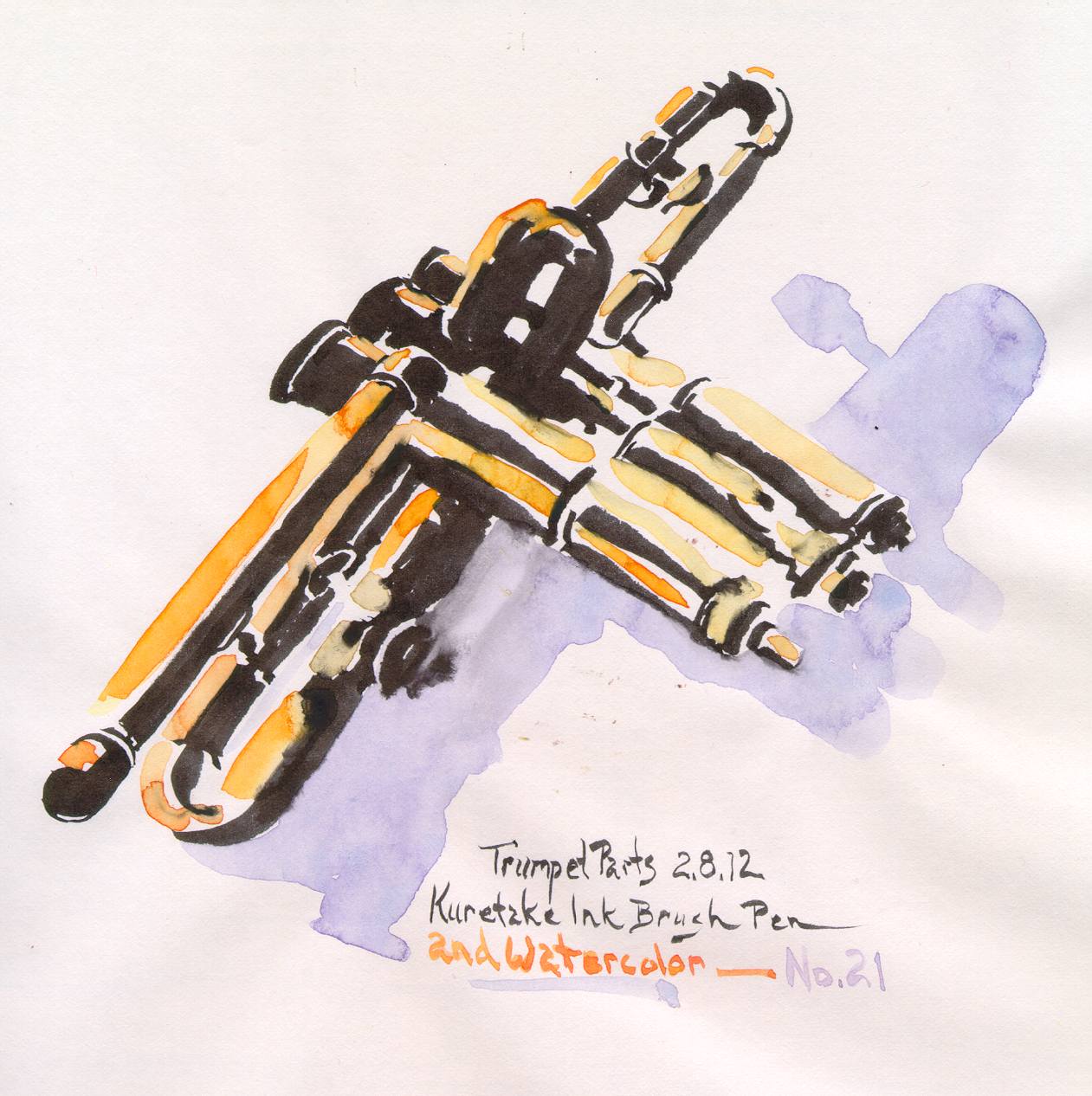 1261x1266 Trumpet Parts 21 Ink Brush Pen Watercolor Chris Carter Artist - Trumpet Watercolor