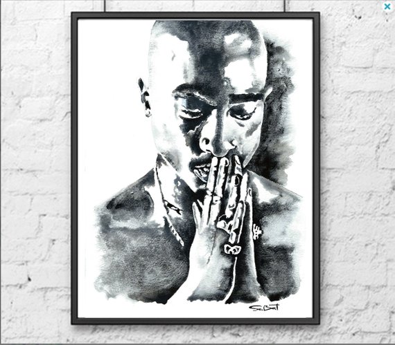 570x499 Tupac Shakur Poster Watercolor Painting 2pac Gangstartupac Etsy - Tupac Watercolor