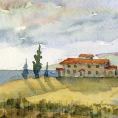236x236 Tuscany Home Landscape Original Watercolor By Elaineoriginals - Tuscany Watercolor