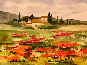 300x225 Italy Tuscany Landscape Poppy Field Original Watercolor Painting - Tuscany Watercolor
