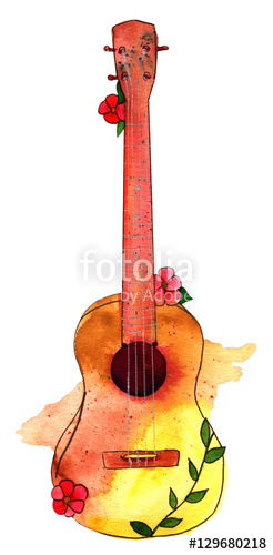 246x500 Freehand Watercolor Drawing Of Golden Ukulele With Flowers Stock - Ukulele Watercolor