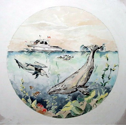 423x418 Underwater Scene Of A Grey Whale, Other Sea Life, And A Research - Underwater Scene Watercolor