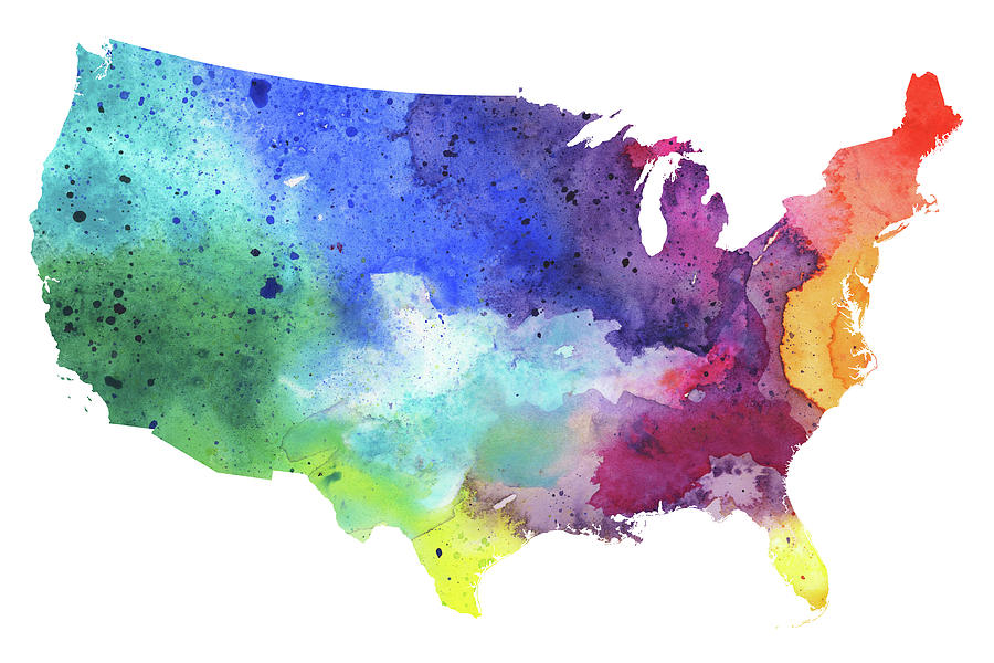900x600 Map Of The United States With Watercolor Texture In Rainbow Colors - United States Watercolor