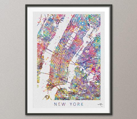 480x416 New York City Map United States Watercolor Illustrations Art Print - United States Watercolor