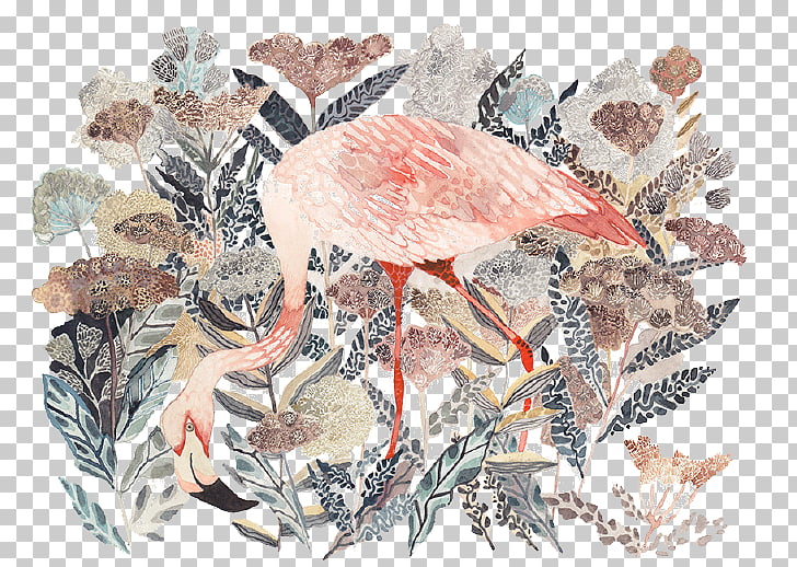 728x518 United States Artist Watercolor Painting, Cartoon Grass Flamingo - United States Watercolor