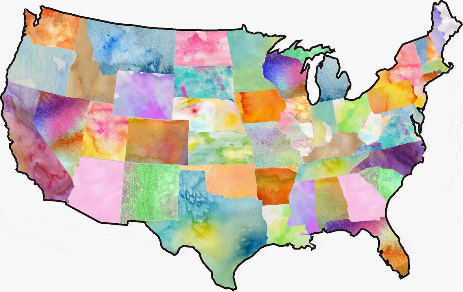1600x1009 United States Watercolor Map Painting By Inspirowl Design. Royalty - United States Watercolor