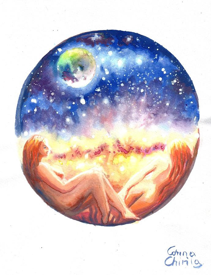 689x900 Me And Her In The Universe Watercolor Painting By Chirila Corina - Universe Watercolor