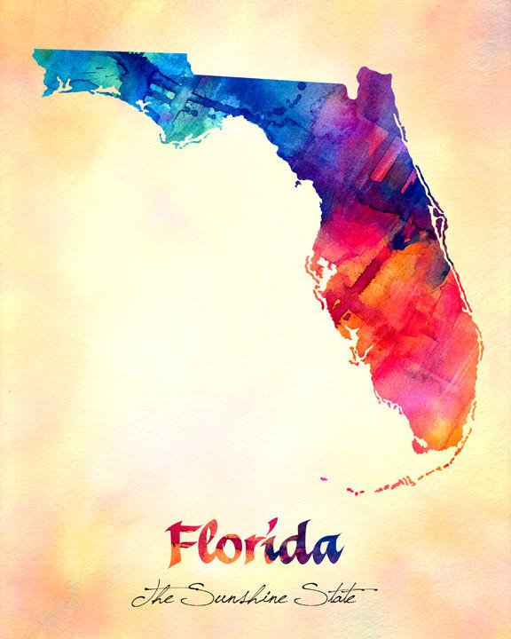 576x720 Florida Map Usa, Watercolor Print, Art Print, Wall Art Poster - Usa Watercolor
