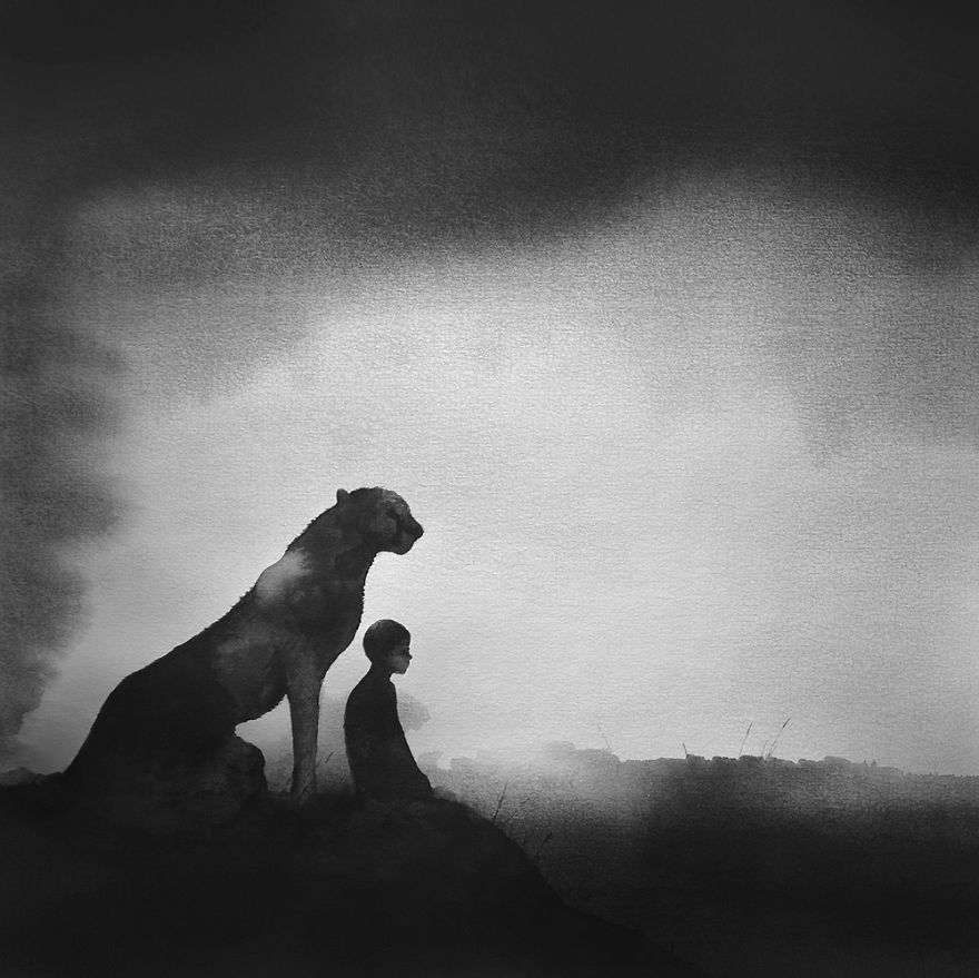 880x879 Peaceful Black And White Watercolor Paintings Of Children And - Using White In Watercolor