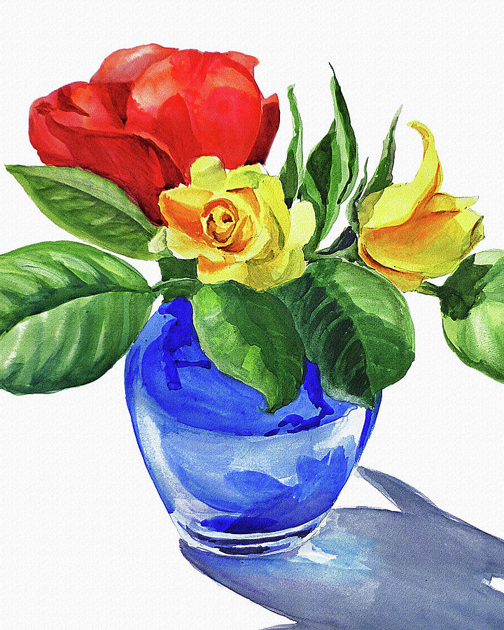 720x900 Red And Yellow Rose In Blue Glass Vase Watercolor Painting By - Vase Watercolor
