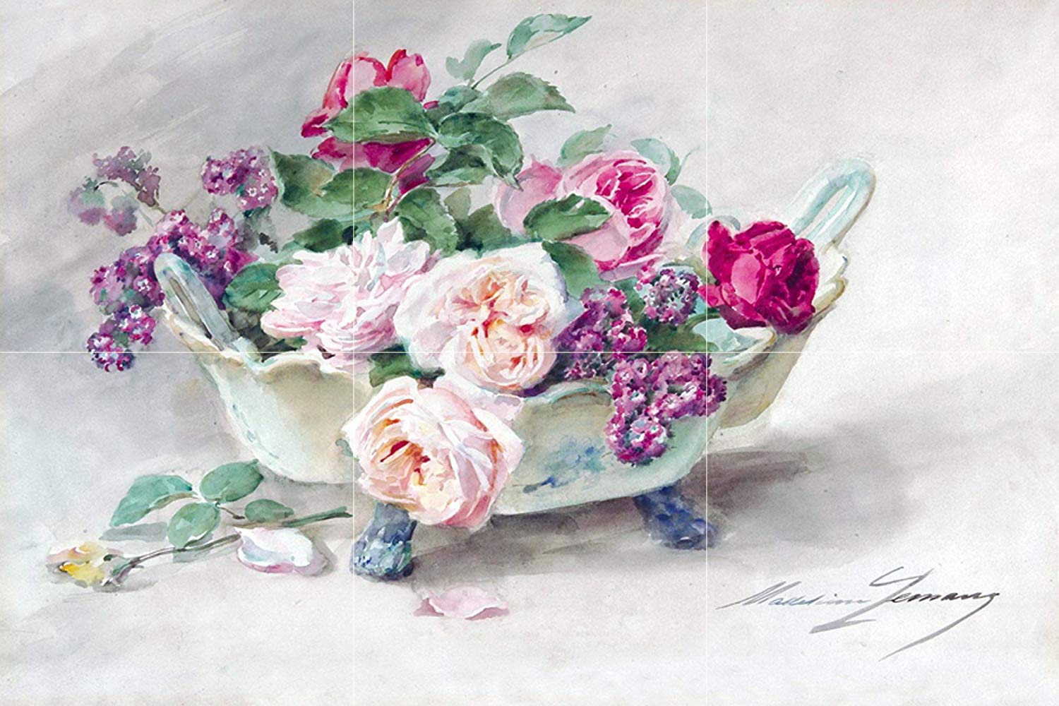 1500x1000 Watercolor Flowers Roses Vase M. Lemaire Tile Mural Backsplash - Vase Watercolor