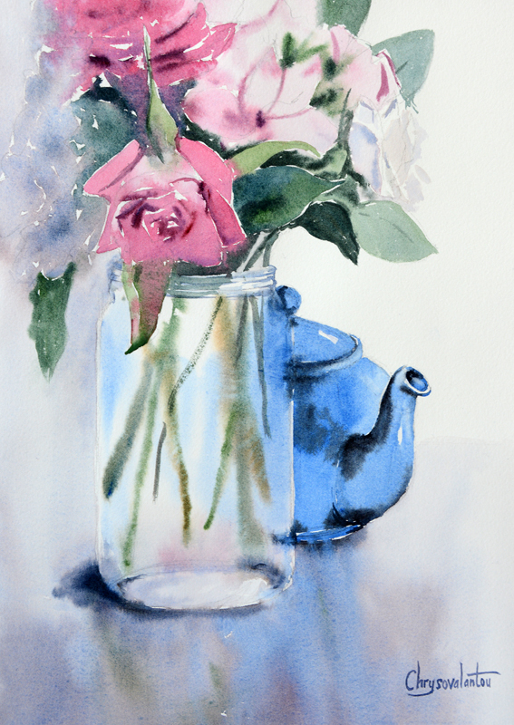 567x800 Teapot Flowers In Vase Painting In Watercolor Chrysovalantou - Vase Watercolor