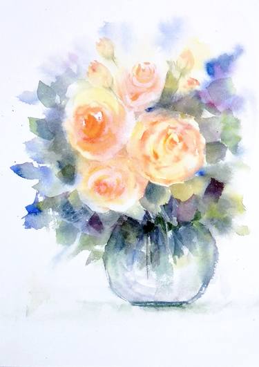 375x531 Cream Roses In A Vase Watercolor Painting Painting By Asudhaker S - Vase Watercolor