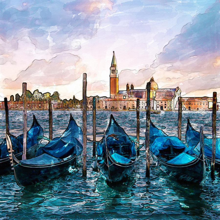 900x900 Gondolas In Venice Watercolor Painting By Marian Voicu - Venice Watercolor