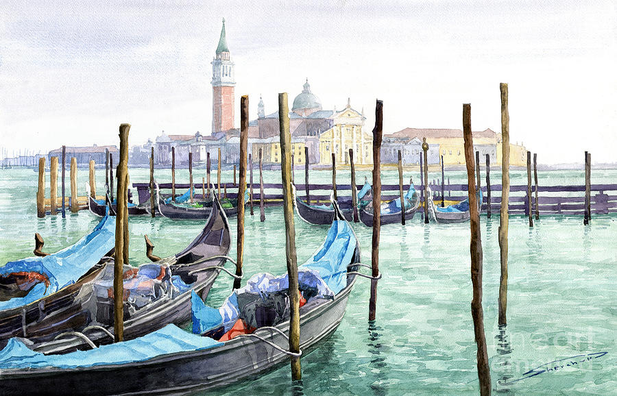 900x578 Italy Venice Gondolas Parked Painting By Yuriy Shevchuk - Venice Watercolor