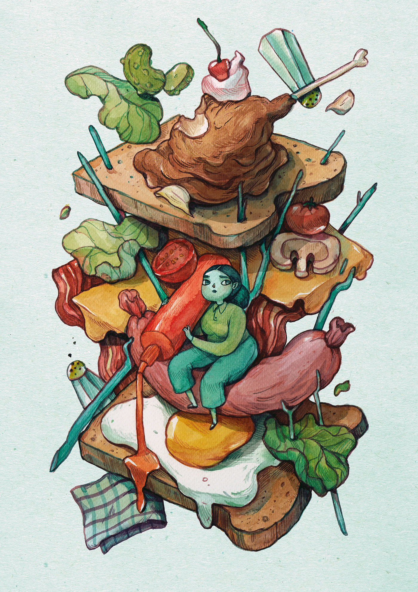 1400x1980 Vibrant Watercolor Paintings Filled With Peculiar Characters And - Vibrant Watercolor