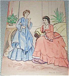 274x300 Antique Watercolor Painting Victorian Parlor Scene Fashion - Victorian Watercolor