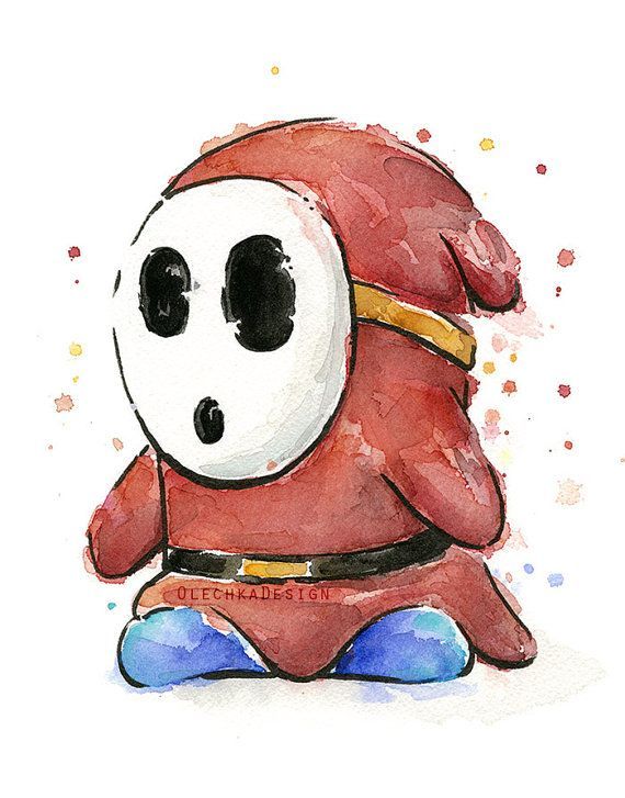 570x727 Shy Guy Watercolor Art Print Mario Nintendo Art Geek Videogame - Video Game Watercolor
