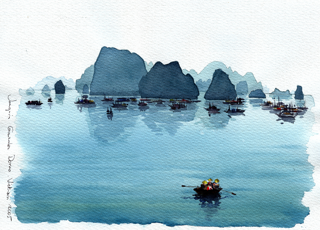 1024x737 Watercolor Halong Bay Vietnam Acuarela Joaquin Gonzalez Dorao - Vietnam Watercolor
