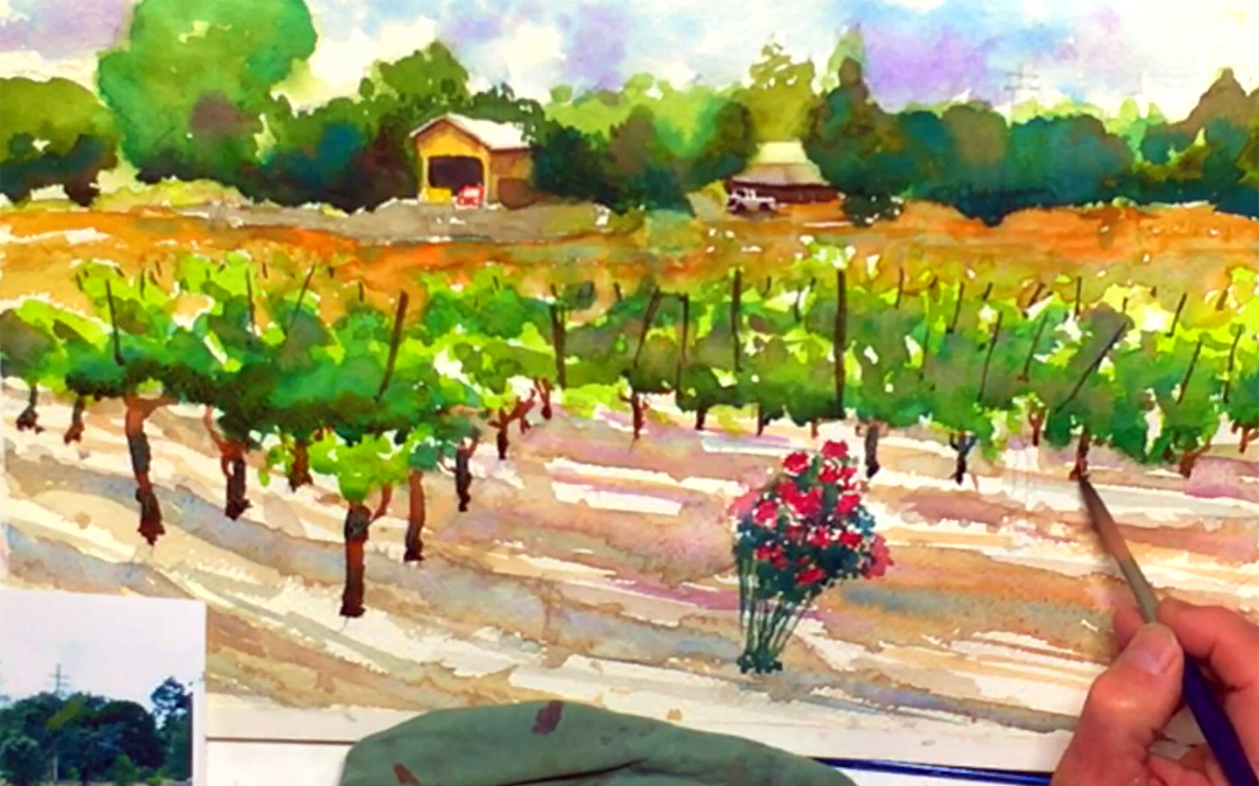 1145x715 Easy Watercolor Landscape Painting A Vineyard In Napa Valley - Vineyard Watercolor