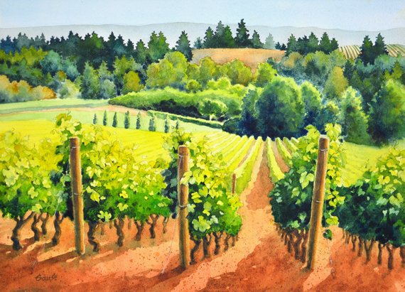 570x411 Landscape Vineyard Watercolor Painting Art Print Archery Etsy - Vineyard Watercolor