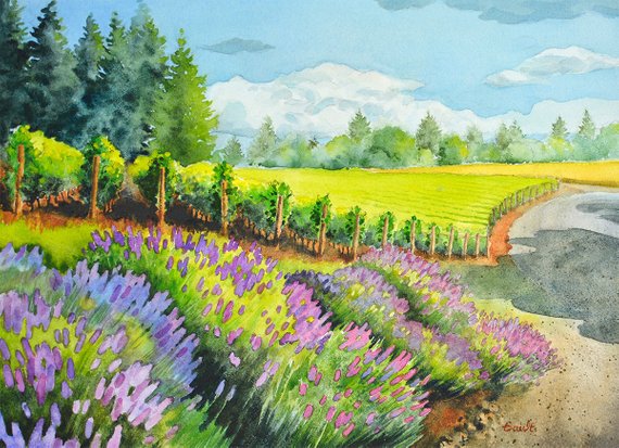 570x413 Landscape Vineyard Watercolor Painting Art Print Domaine Etsy - Vineyard Watercolor