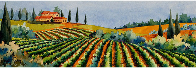 670x232 Springtime Vineyard, Italian Landscape Watercolor Painting - Vineyard Watercolor