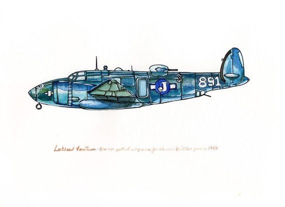 570x414 Blue Bomber Vintage Airplane Watercolor Print 8x10 Etsy - Vintage Airplane Watercolor