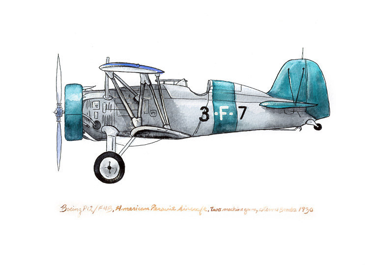 743x540 Boeing P12f4b Vintage Airplane Watercolor Print, 8x10 - Vintage Airplane Watercolor