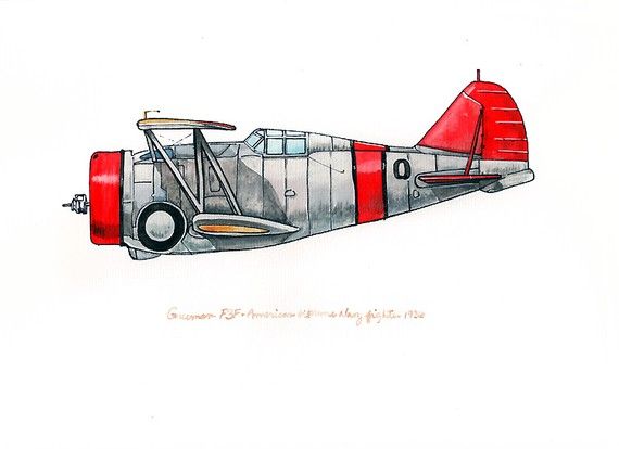 570x414 Grumman F3f Vintage Airplane Watercolor Print Ot Flightsbynumber - Vintage Airplane Watercolor