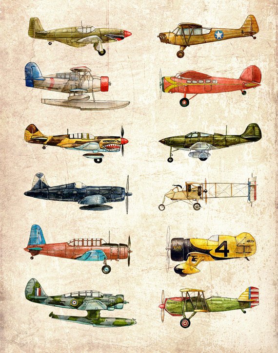 570x725 Vintage Airplane Collection Watercolor Print Etsy - Vintage Airplane Watercolor