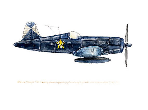 570x424 Vought F4u Corsair Vintage Airplane Watercolor Print Etsy - Vintage Airplane Watercolor