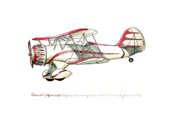 564x409 Waco Open Cockpit Biplane Vintage Airplane Watercolor Print, 8x10 - Vintage Airplane Watercolor