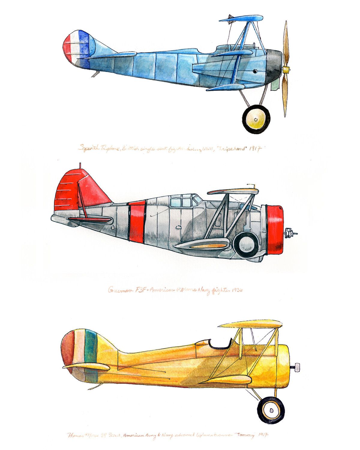 1200x1500 8x10 Giclee Print Featuring Three Vintage Airplanes In Red, Yellow - Vintage Airplane Watercolor